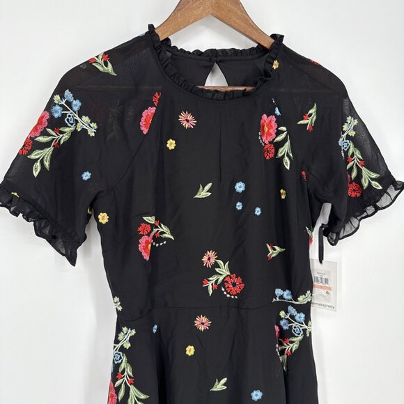 New Kensie Womens Size 2 Black Floral Embroidered Chiffon Back Cutout Dress - Picture 7 of 14